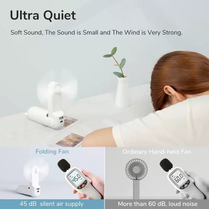 Unisex one size foldable rechargeable triple handheld mini fan with integrated power bank USB-C and USB-A connections as well as wrist strap Stornfield