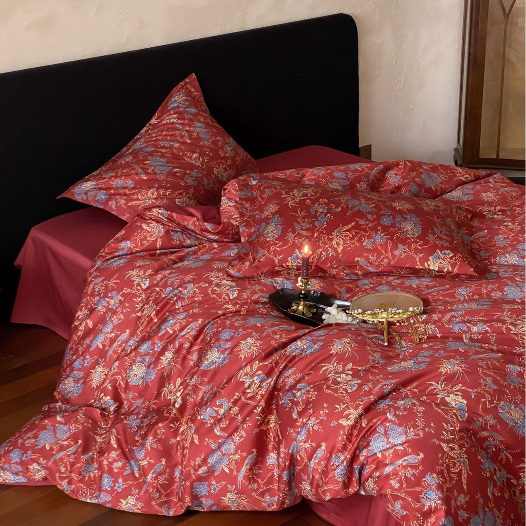 Premium cotton satin bedding set with floral jacquard pattern and reversible pillowcases