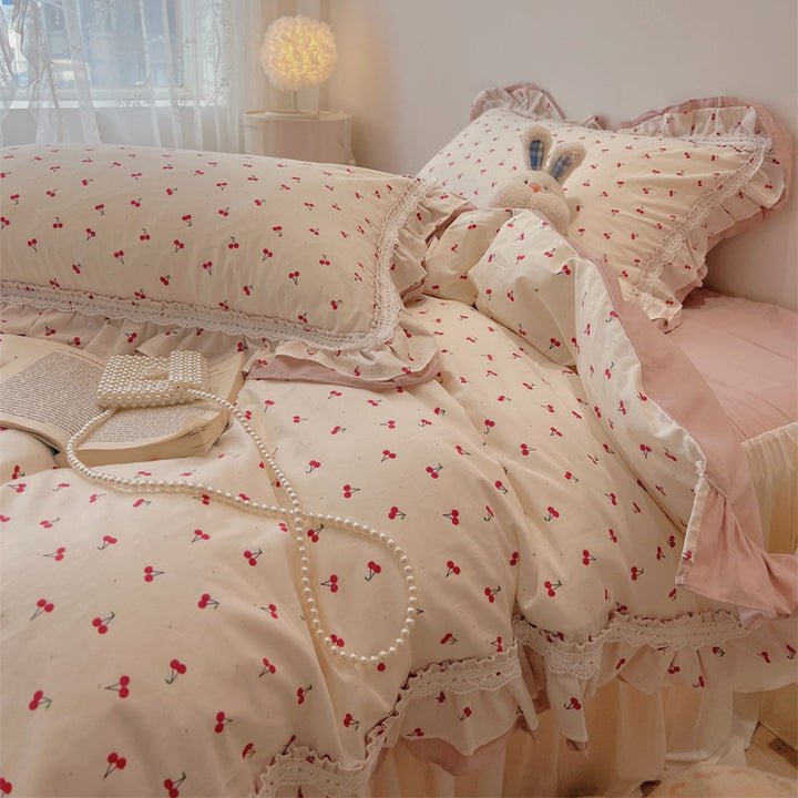 Ruffled Floral Lace-Trim Duvet Cover Set with Pillow Shams