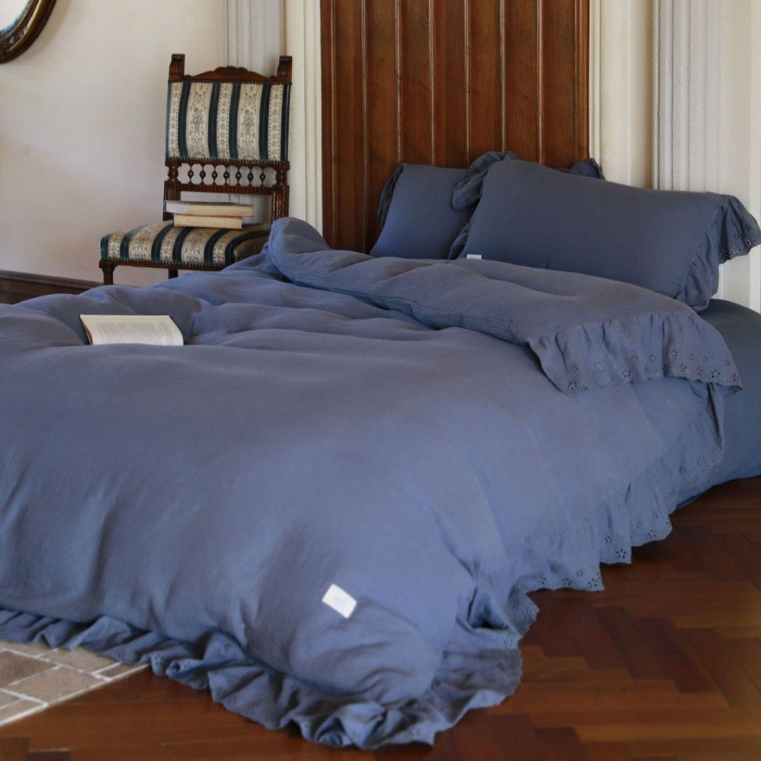 Ruffled Eyelet Trim Washed Linen Duvet Cover Set