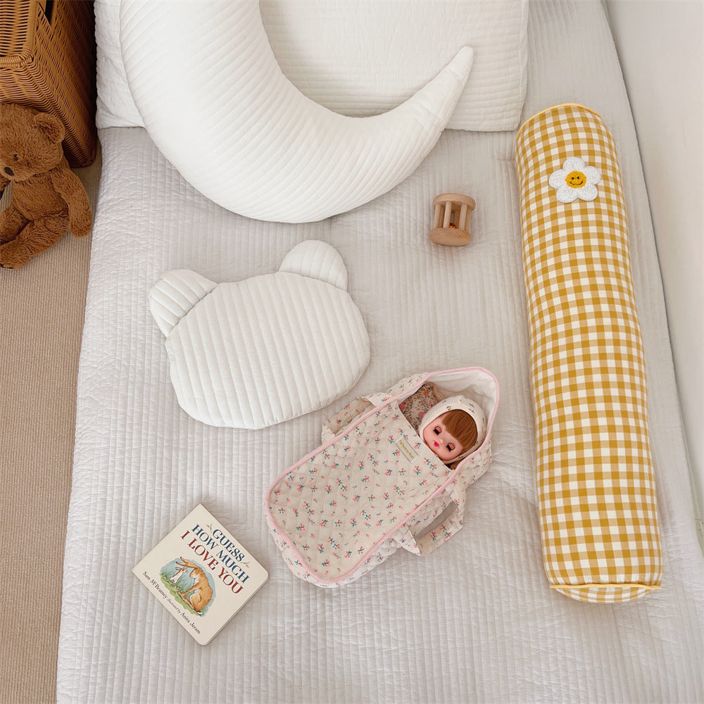 Gingham Bolster Nursery Pillow with Embroidered Daisy Appliqué Cotton Cover