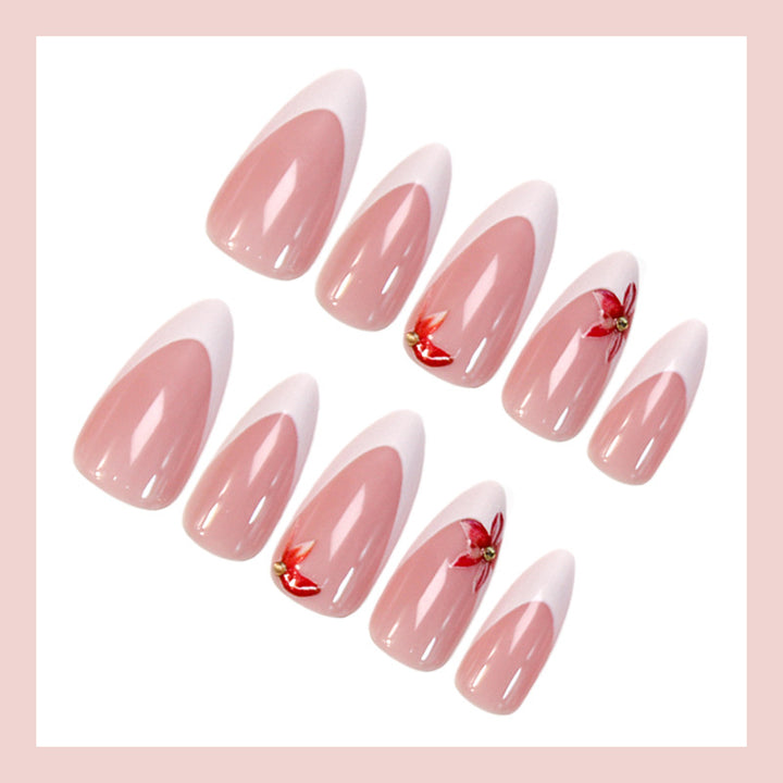 Artificial nail set with elegant French design and charming floral accents Stornfield