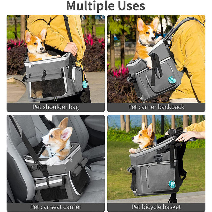 expandable front bike pet carrier basket with dual-access roll-top canopy and organizer pockets Stornfield