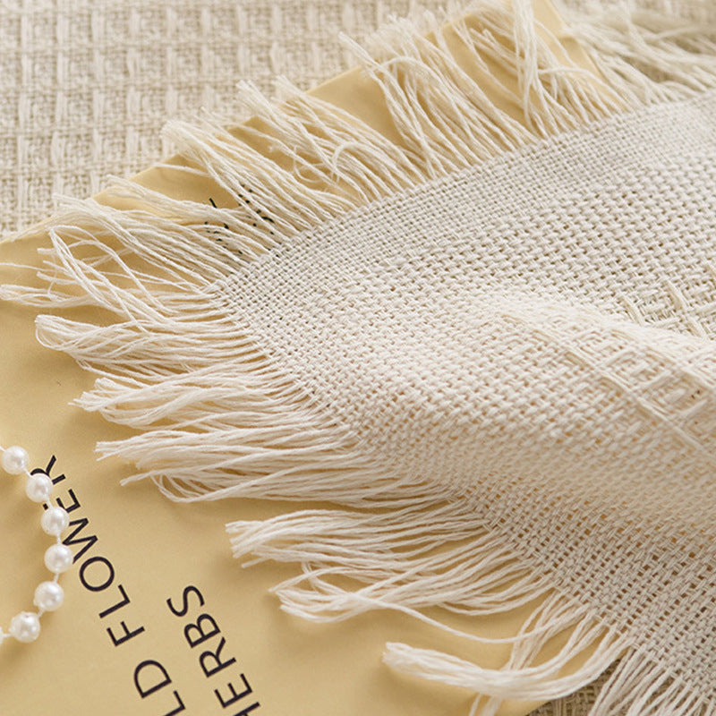 Round Textured Waffle-Weave Fringe Tablecloth with Tassel Edge