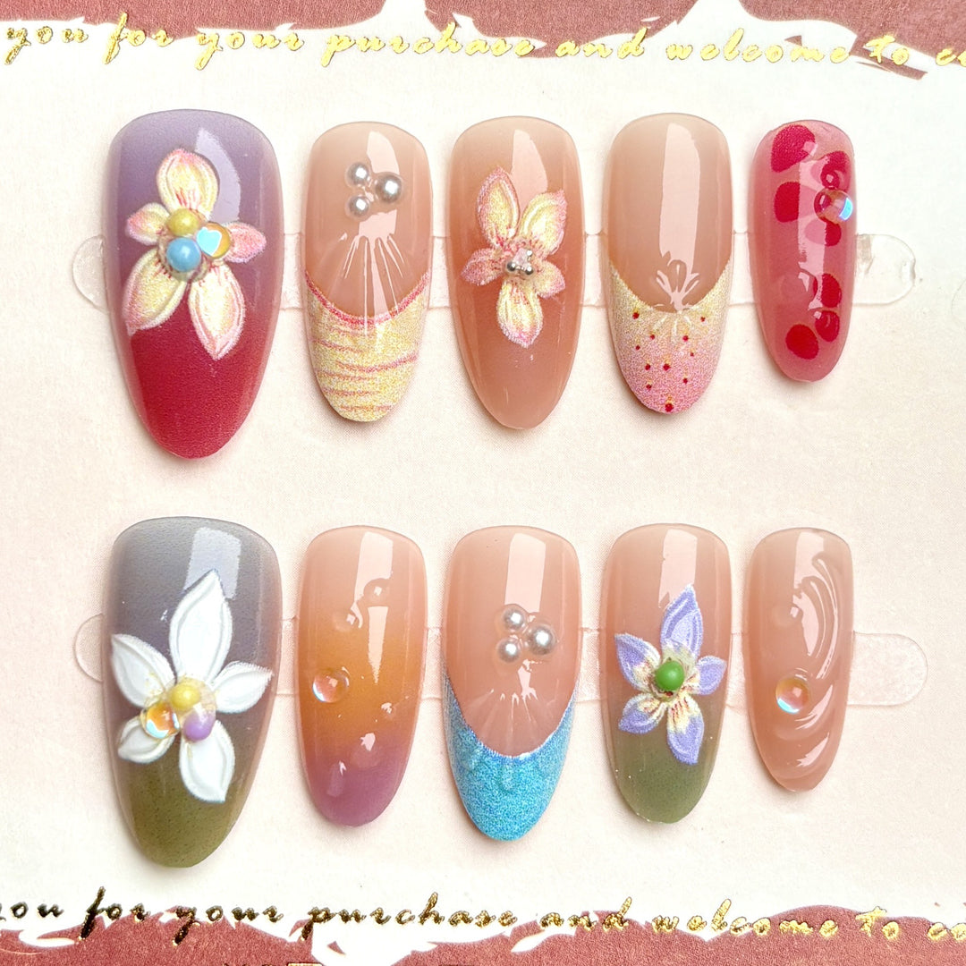 Floral Press-On Nail Art Set with Gem Accents