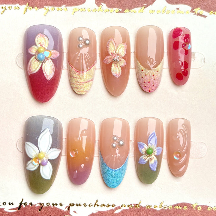 Floral Press-On Nail Art Set with Gem Accents
