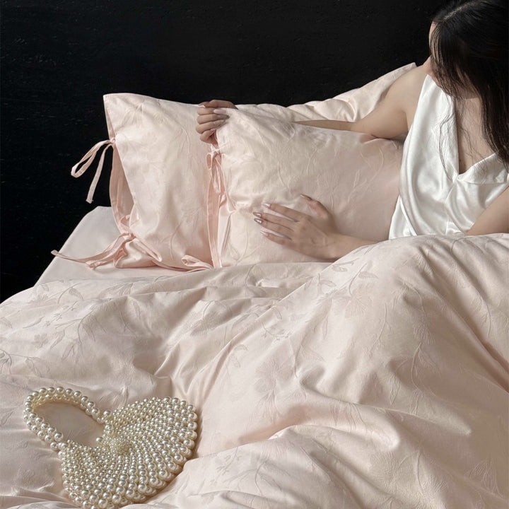 Jacquard Floral Satin-Feel Duvet Cover Set with Corner Ties & Bow-Tie Pillowcases