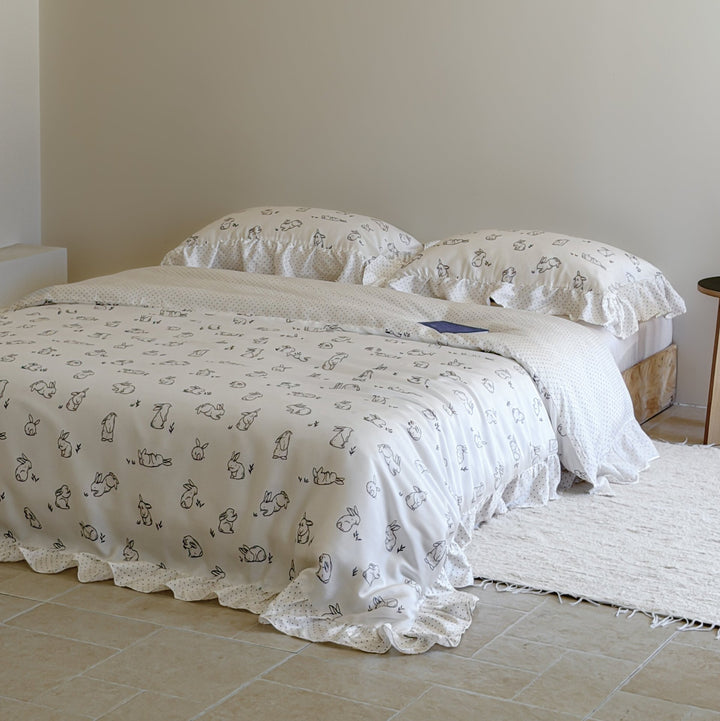 Ruffled Cotton Duvet Cover and Bed Skirt Set with Playful Bunny Print