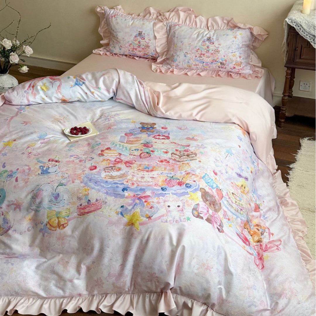 Ruffled Illustrated Duvet Cover Set with Decorative Frilled Shams