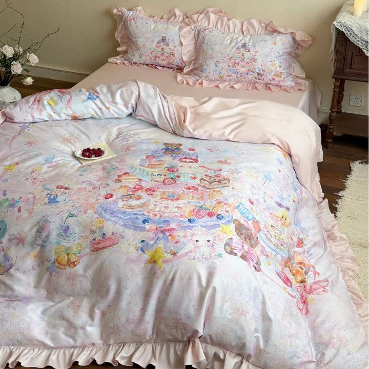 Ruffled Illustrated Duvet Cover Set with Decorative Frilled Shams