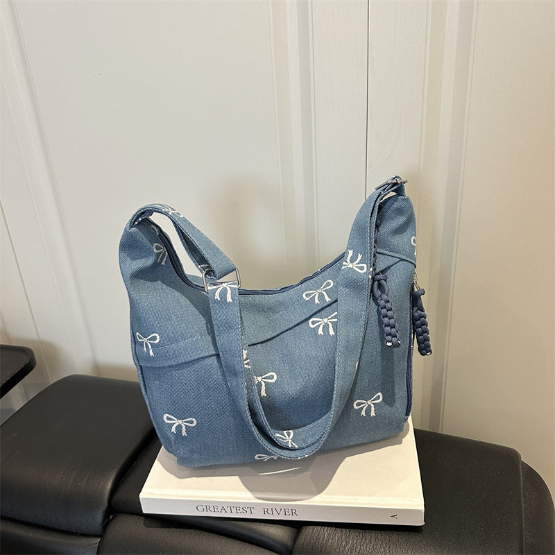 Embroidered Denim Shoulder Bag
