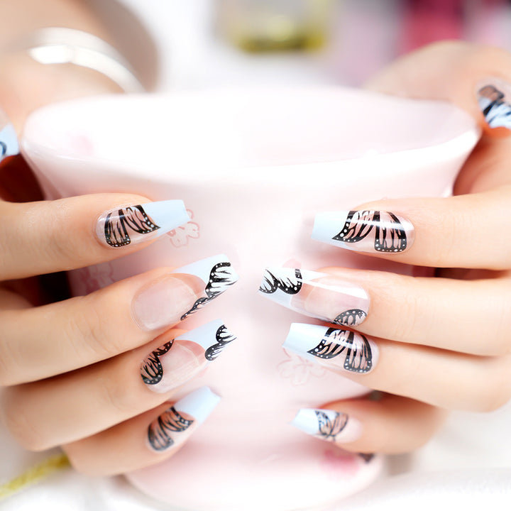Artistic Long Coffin Press-On Nails with Butterfly Design Stornfield