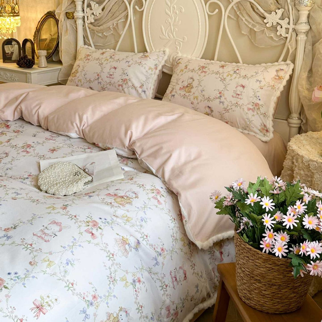 Romantic Floral Cotton Duvet Cover Set with Pom-Pom Trim and Matching Pillow Shams
