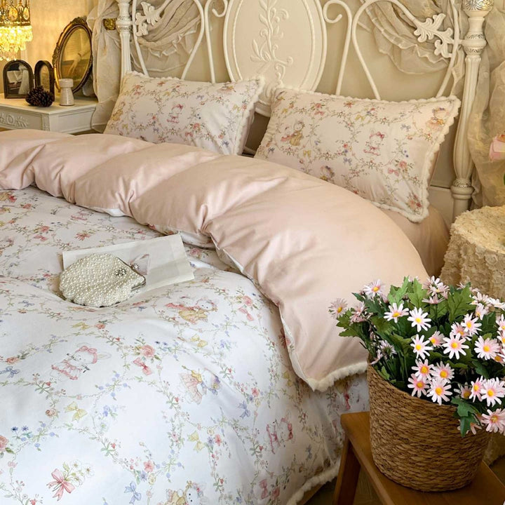 Romantic Floral Cotton Duvet Cover Set with Pom-Pom Trim and Matching Pillow Shams