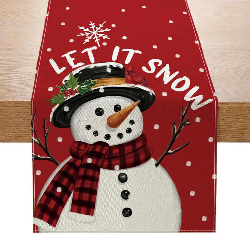 Linen-Texture Cotton-Blend Christmas Table Runner with Burlap Trim and Winter Tree Illustration