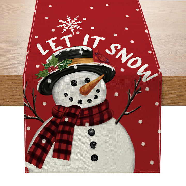 Linen-Texture Cotton-Blend Christmas Table Runner with Burlap Trim and Winter Tree Illustration