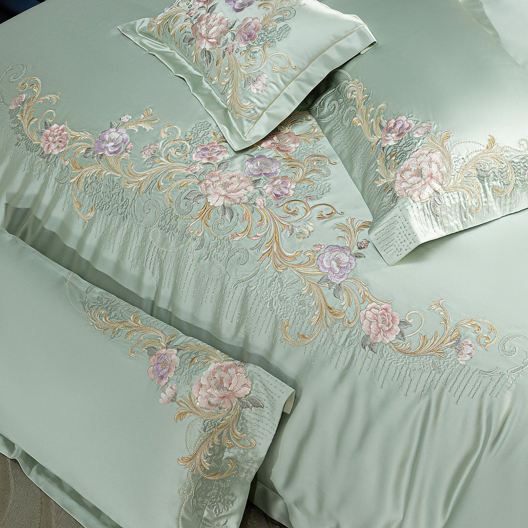 Silk-Look Botanical Embroidered Duvet Cover Ensemble with Decorative Pillow and Euro Shams