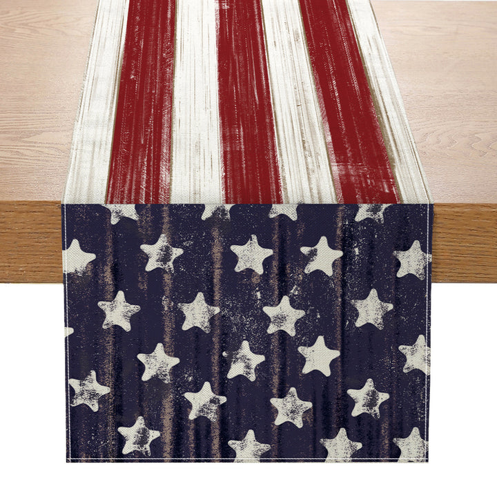 Distressed American Flag Cotton-Linen Table Runner with Patriotic Stars and Stripes Print