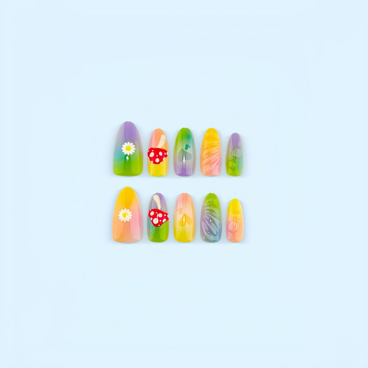Artificial nails with cheerful flower and mushroom patterns Stornfield