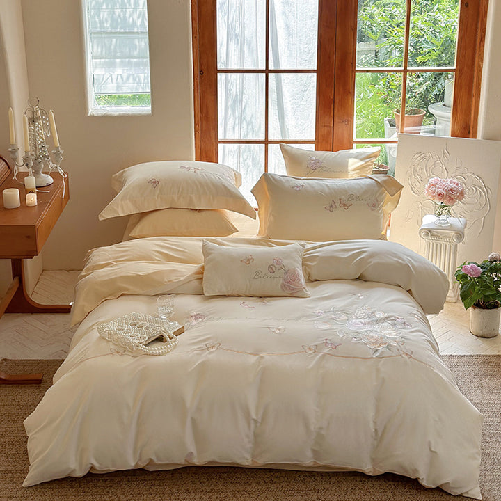 Embroidered Floral Satin Duvet Cover Set with Decorative Bow and Matching Pillow Shams