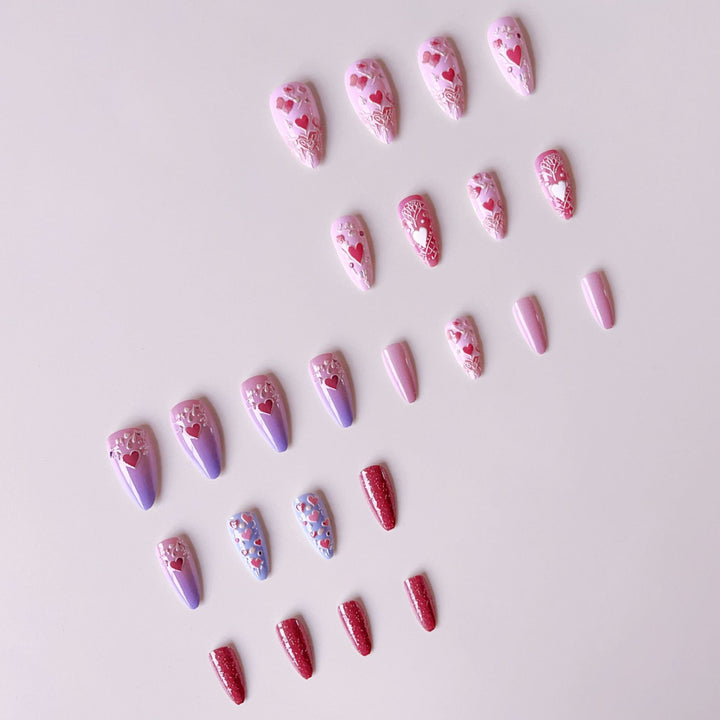 Artificial nail set with romantic heart and floral decorations Stornfield