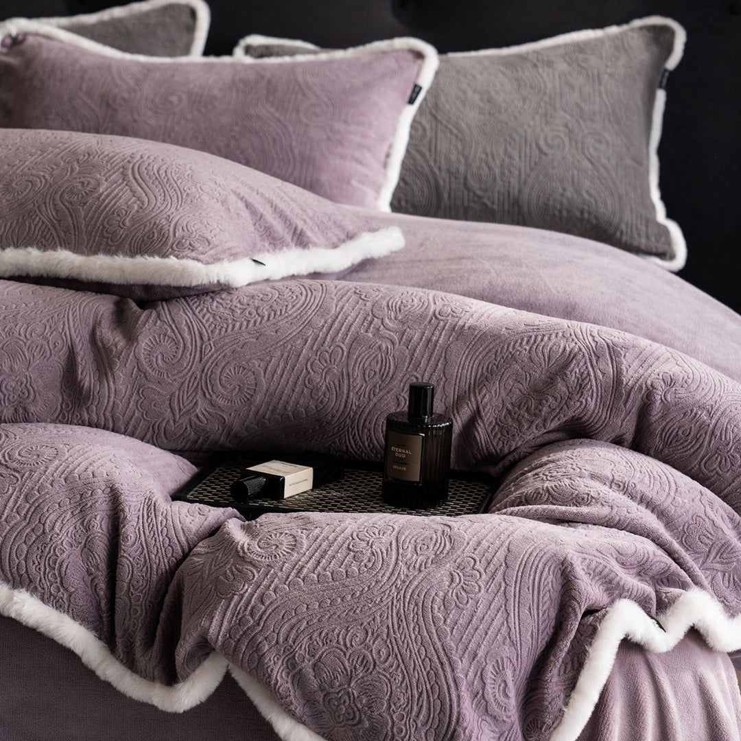 Quilted Embossed Paisley Duvet Cover Set with Reversible Plush Backing