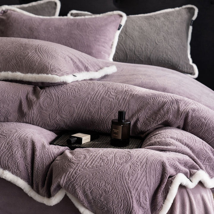 Quilted Embossed Paisley Duvet Cover Set with Reversible Plush Backing