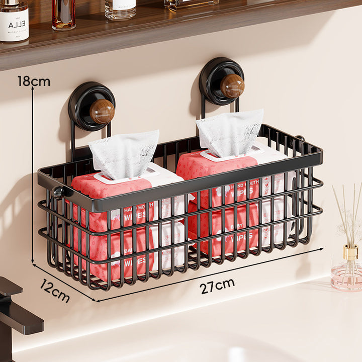 Wall-Mounted Suction-Cup Wire Basket Tissue and Wipes Organizer