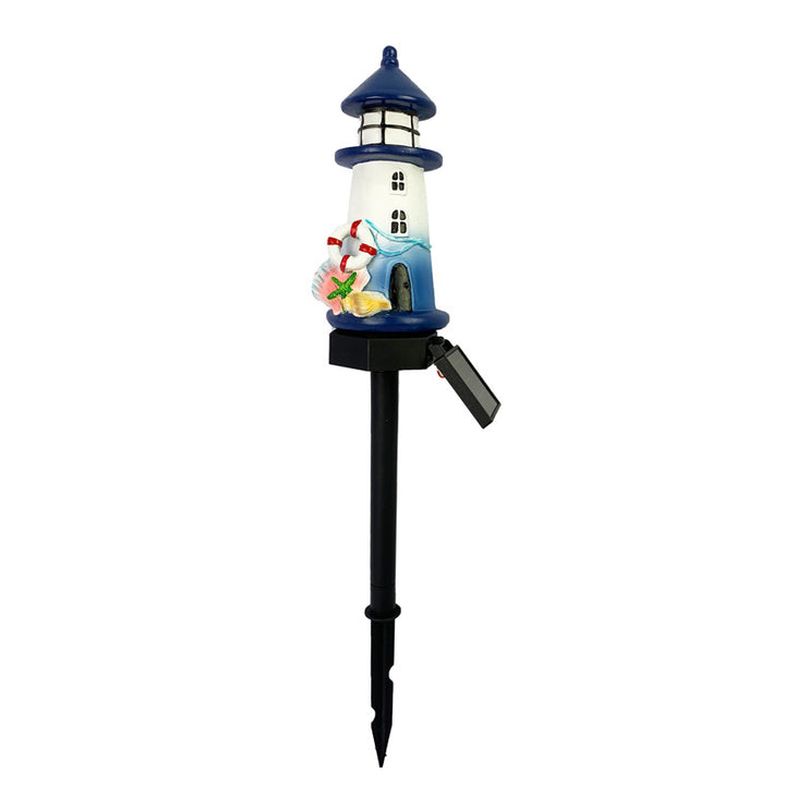 Resin Lighthouse LED Garden Stake Lamp With Integrated Solar Panel And Lifebuoy Ornament Stornfield