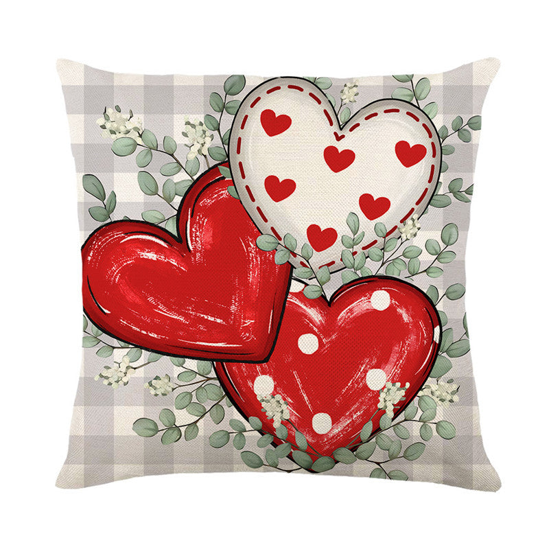 Square Cotton-Linen Decorative Throw Pillow Cover with Polka Dot Heart and Eucalyptus Wreath