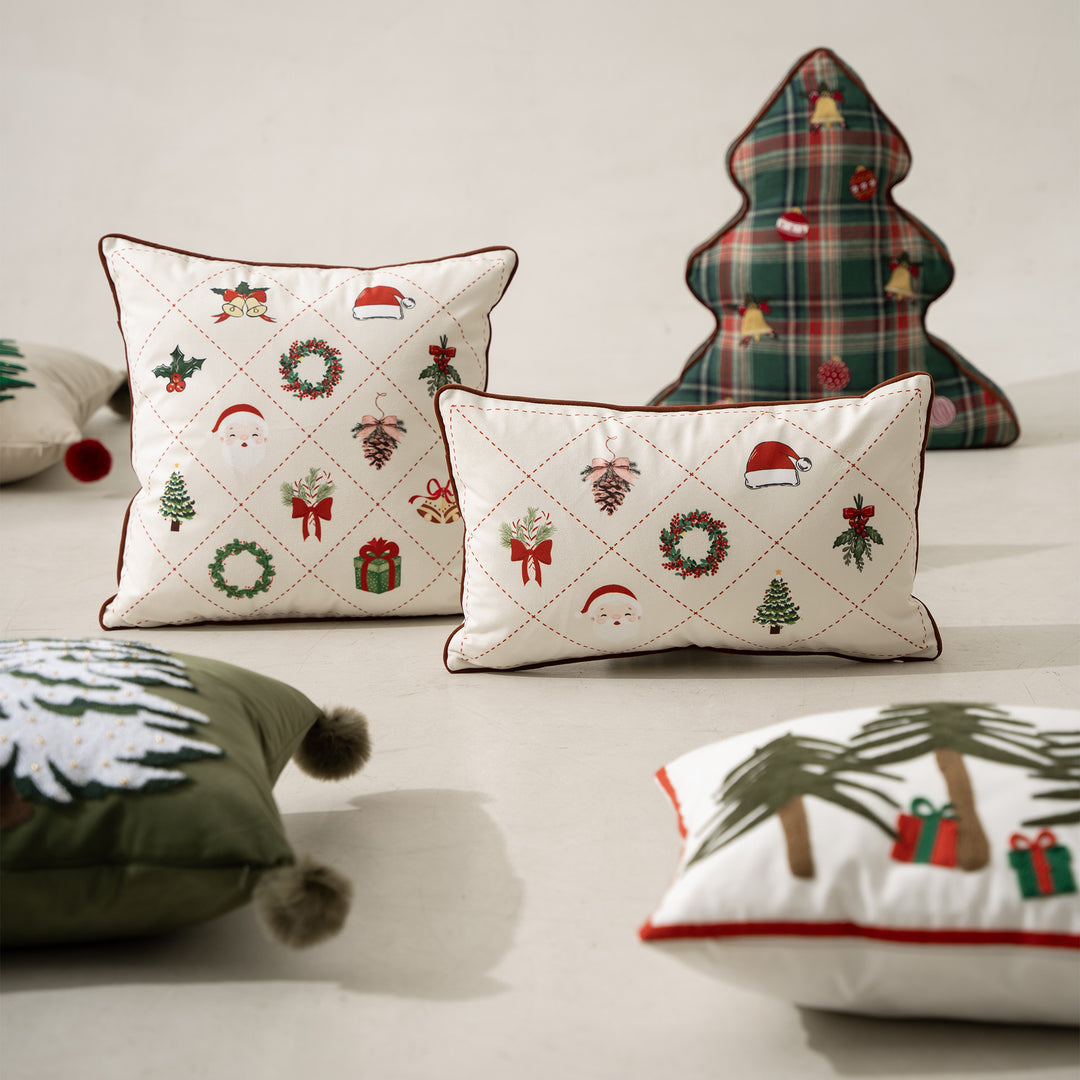 Rectangular cotton decorative pillow with embroidered Christmas motifs and piping