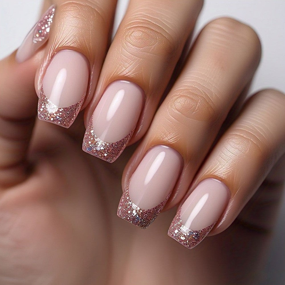 Elegant Artificial Nails with French Manicure and Glitter Effects Stornfield