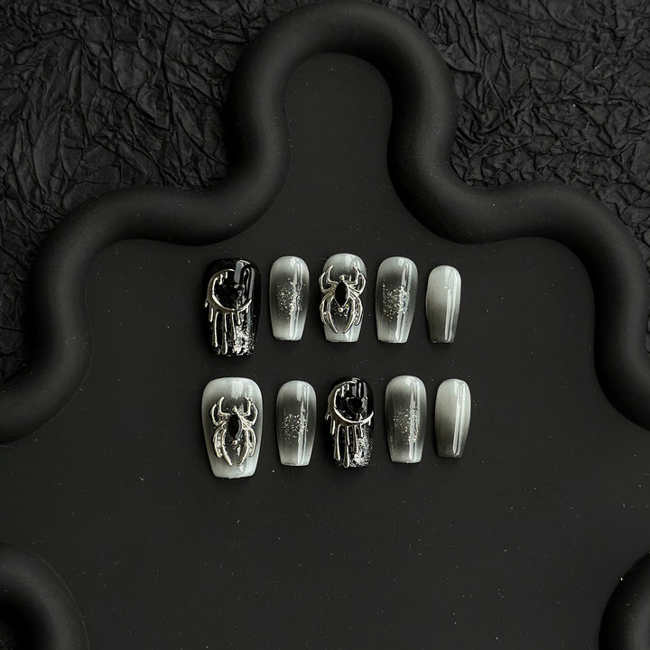 Gothic Nail Art Press-On Nails with Spider and Glitter Accents