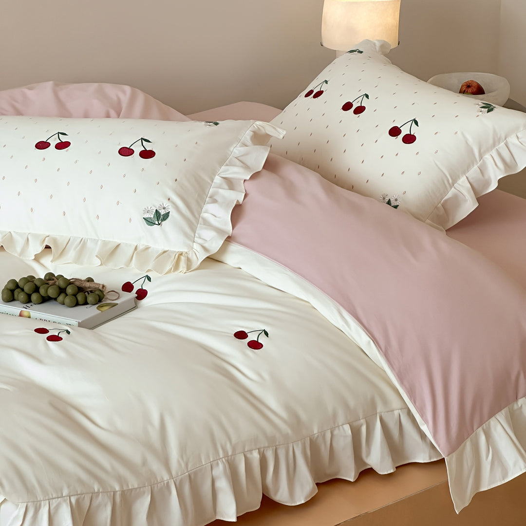 Romantic cotton satin duvet cover set with cherry embroidery, ruffle and reversible function