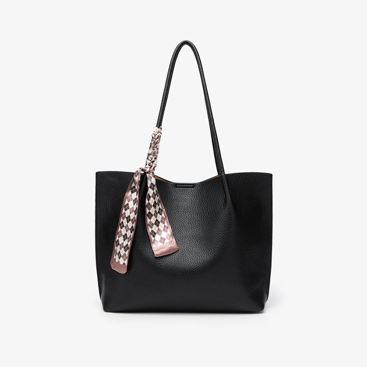 Chic Leather Tote Bag with Decorative Scarf