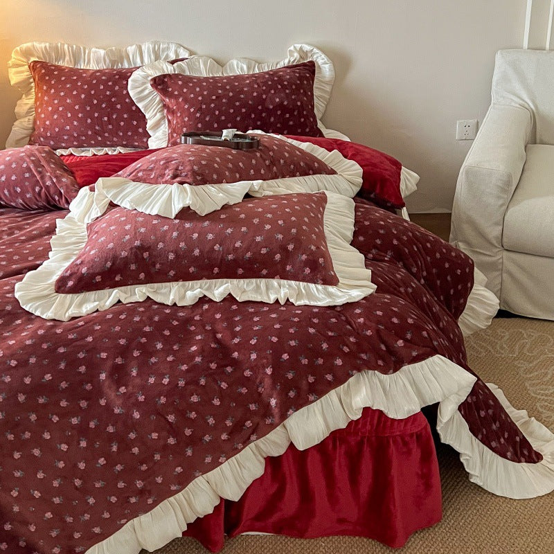 Floral Brushed Cotton Duvet Cover Set with Ruffled Satin Trim