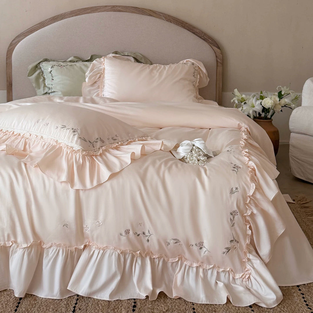 Embroidered Ruffled Satin Duvet Cover Set with Decorative Pillow Shams
