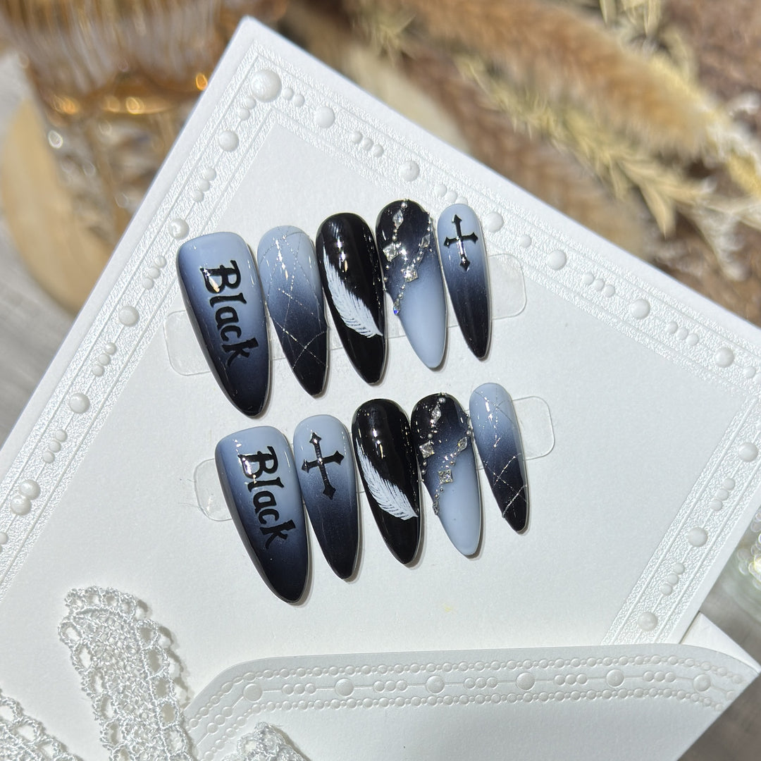 Artistic Press-On Nail Set with Gothic Feather and Cross Design Stornfield