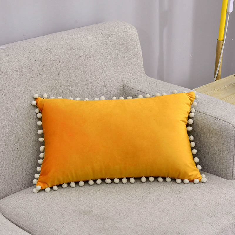 Rectangular Pom-Pom Trim Lumbar Pillow Cover Cotton-Linen Blend with Hidden Zipper