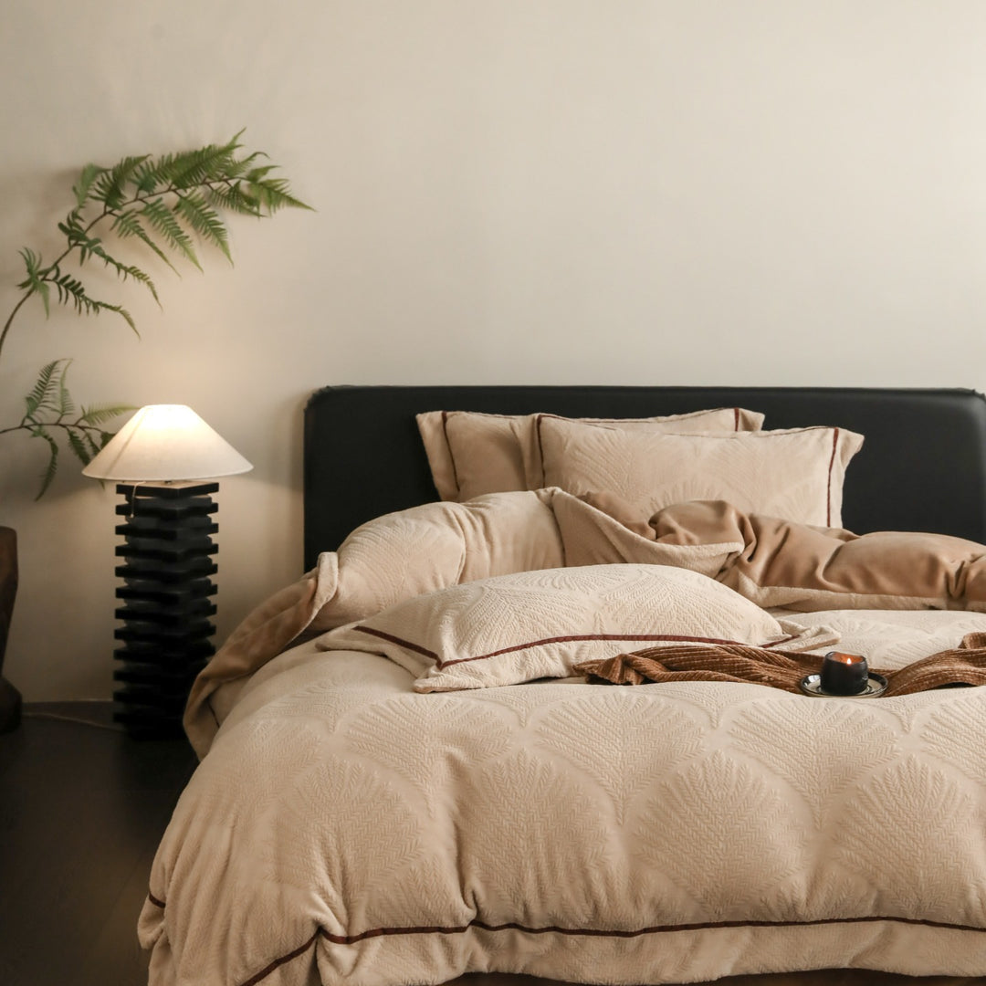 Quilted Microfiber Duvet Cover Set with Piped Shams and Embossed Leaf Texture