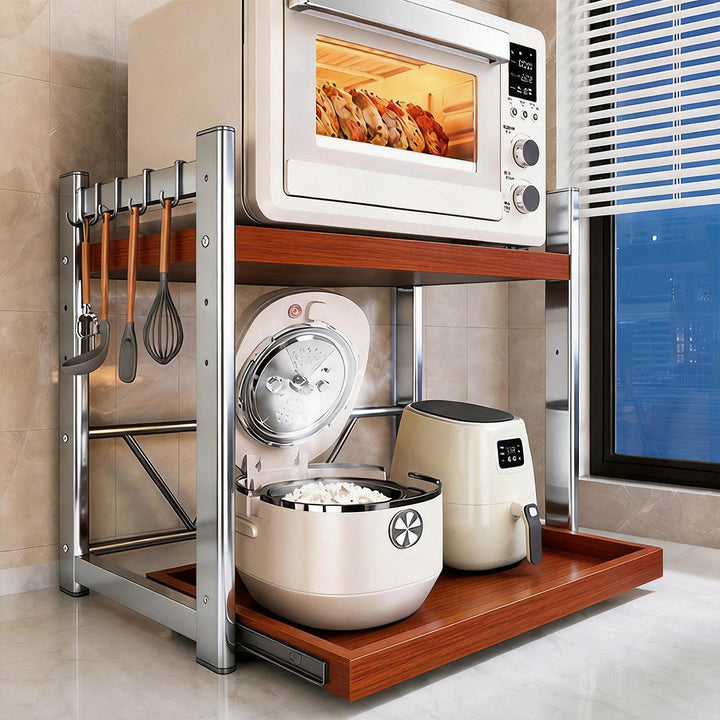 Countertop Appliance Storage Rack with Sliding Tray and Utensil Hooks