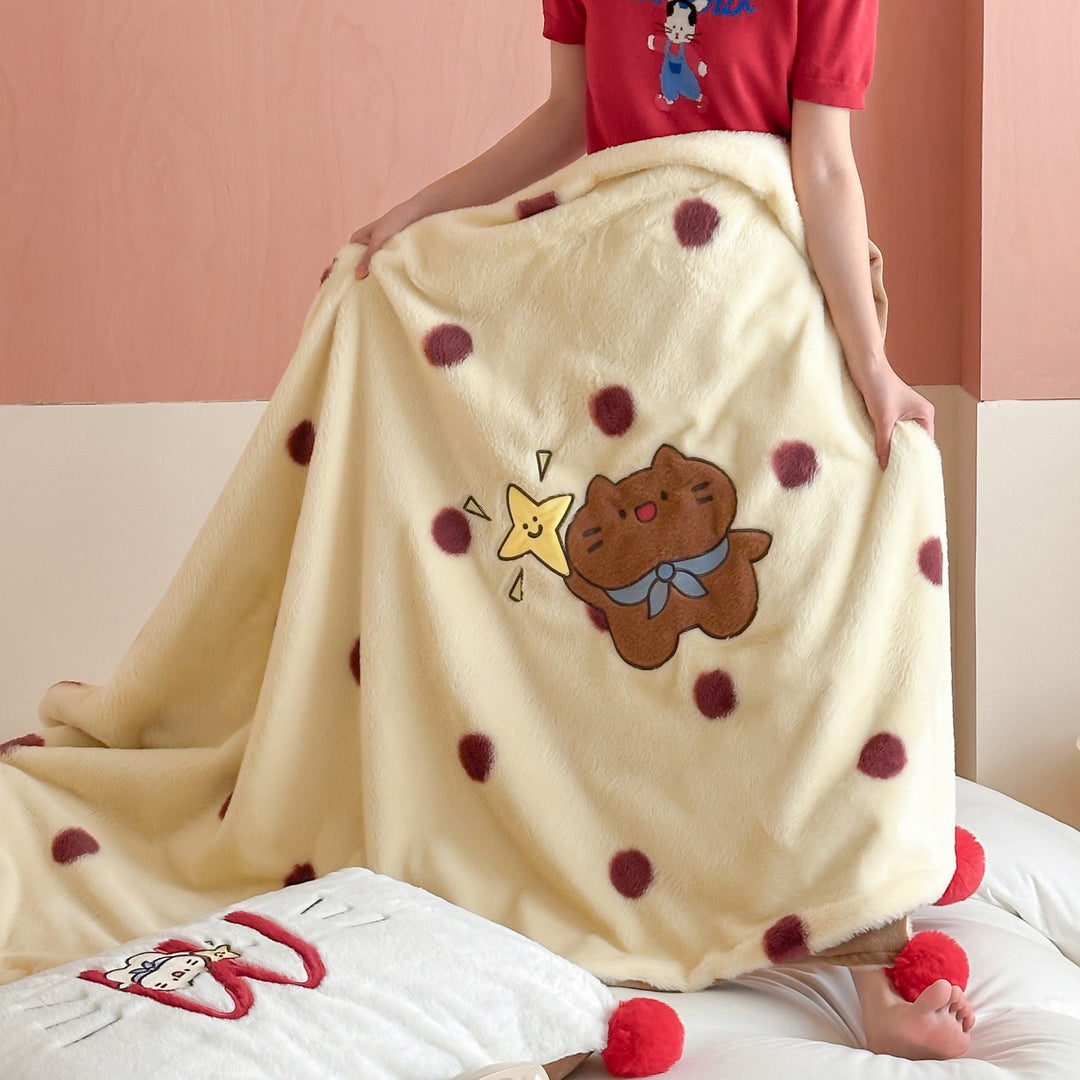 Extra soft microfleece throw blanket with embroidered teddy bear and polka dot design