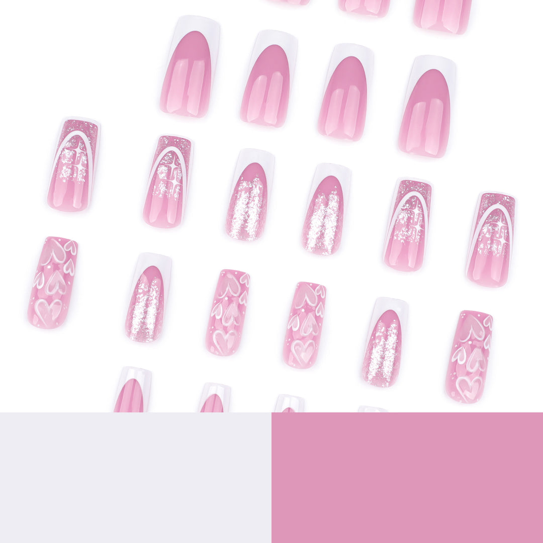 Artful Nail Extensions with Modern Glitter Design and Heart Accents Stornfield