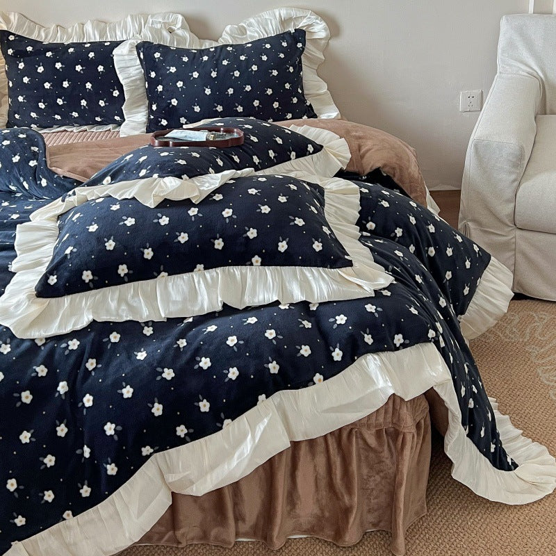 Floral Brushed Cotton Duvet Cover Set with Ruffled Satin Trim