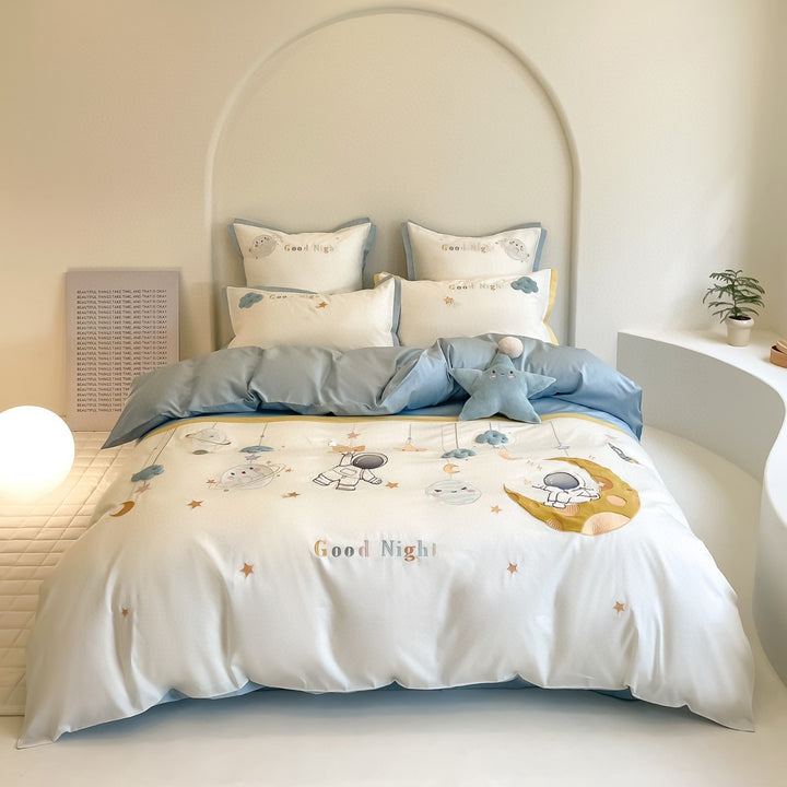 Embroidered Cartoon Rabbit Cotton Sateen Duvet Cover Set with Plush Accent Pillow