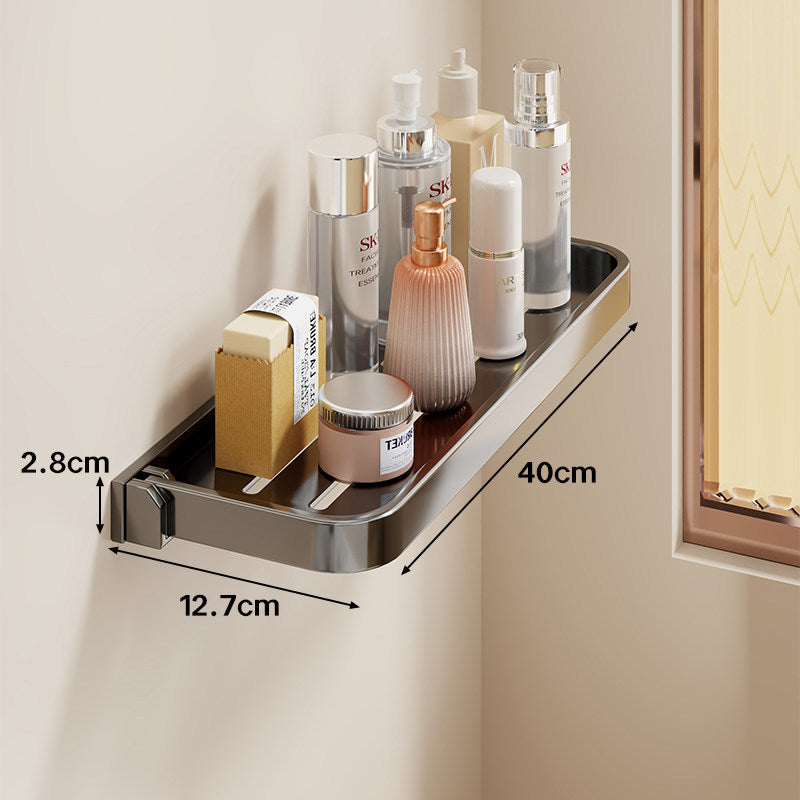 Wall-Mounted Slim Adhesive Bathroom Shelf Tray with Slotted Drainage and Rounded Edges