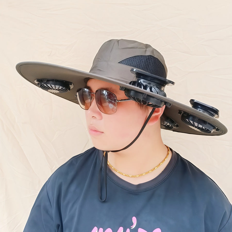 Wide-brimmed sun hat with detachable swivel solar fans and adjustable chin strap Stornfield