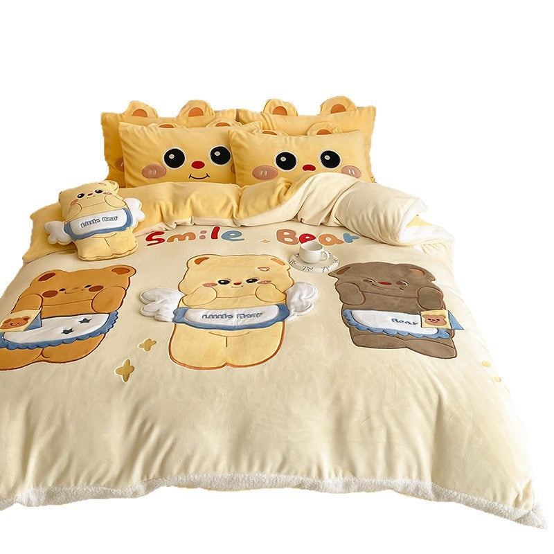 Cozy bedding set with embroidered cartoon cats and plush appliqués