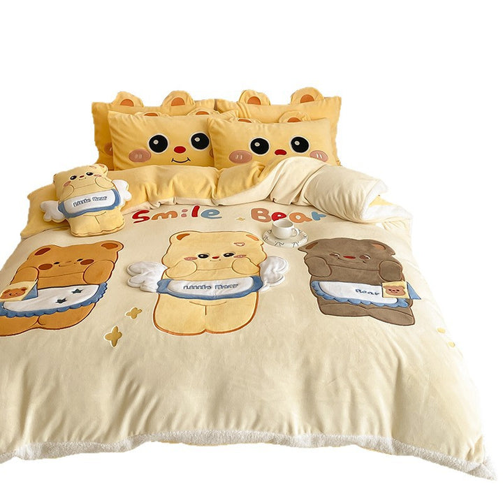 Cozy bedding set with embroidered cartoon cats and plush appliqués