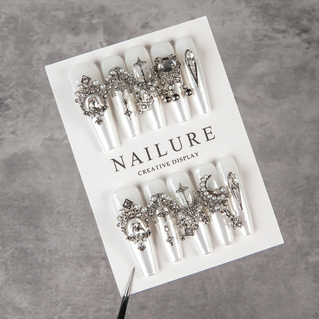 Decorative Press-On Nail Set with Embellishments